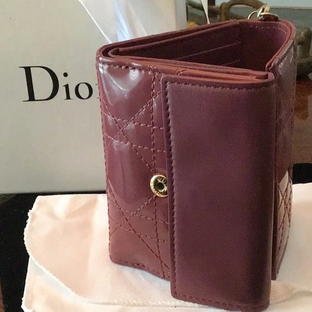 Authentic Lady Dior Lotus Trifold Patent Leather Compact Folding Wallet with COA